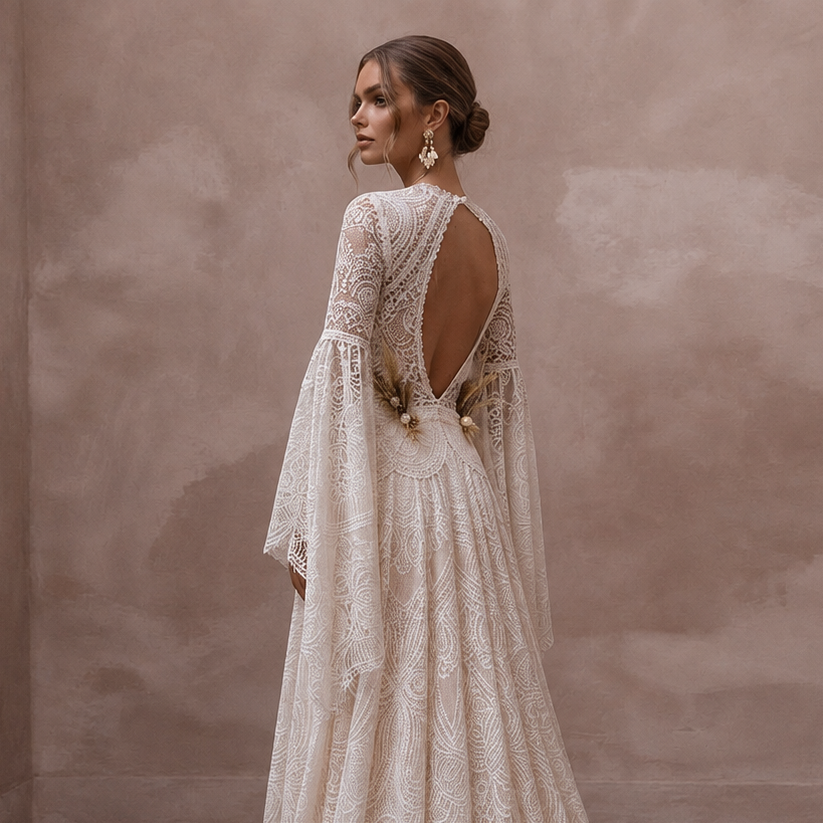 Bell Sleeve Lace Wedding Gown for a Rustic Ceremony - Apparel & Accessories > Clothing > Wedding & Bridal Party Dresses > Wedding Dresses - Mignonette Bridal