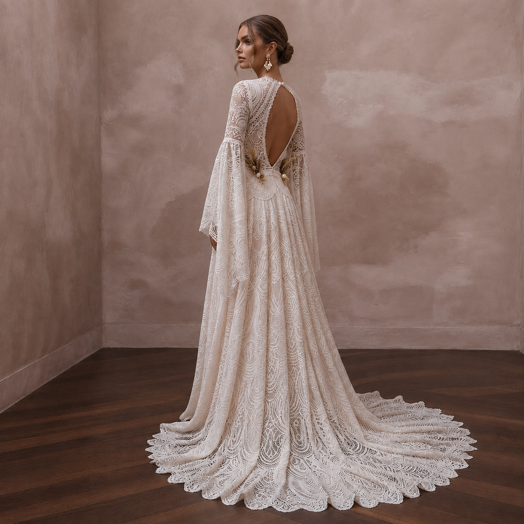 Bell Sleeve Lace Wedding Gown for a Rustic Ceremony - Apparel & Accessories > Clothing > Wedding & Bridal Party Dresses > Wedding Dresses - Mignonette Bridal