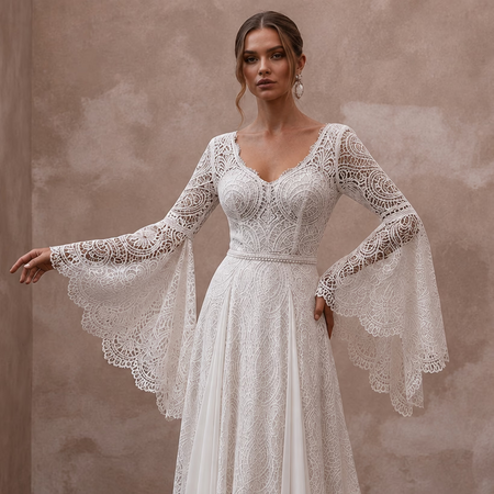 Bell Sleeve Wedding Dresses with Bohemian Charm - Apparel & Accessories > Clothing > Wedding & Bridal Party Dresses > Wedding Dresses - Mignonette