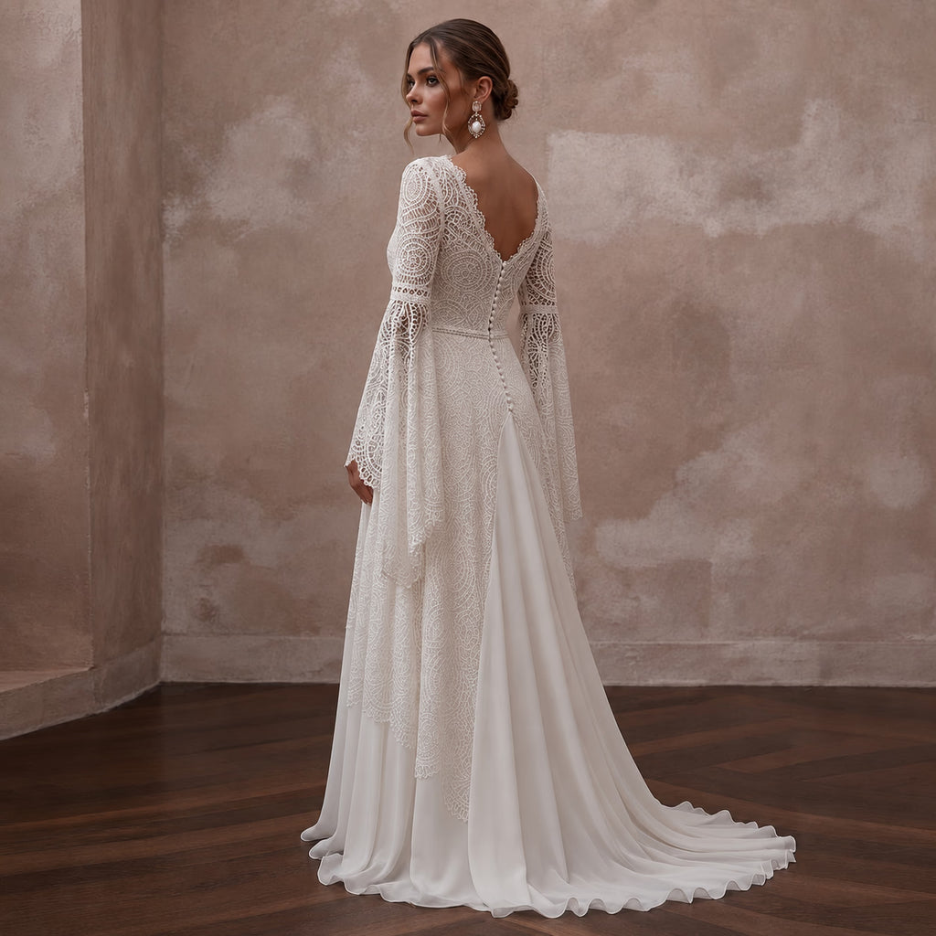 Bell Sleeve Wedding Dresses with Bohemian Charm - Apparel & Accessories > Clothing > Wedding & Bridal Party Dresses > Wedding Dresses - Mignonette