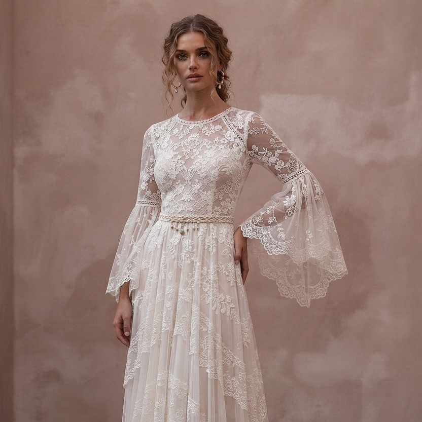 Bell Sleeve Wedding Dresses with Bohemian Inspiration