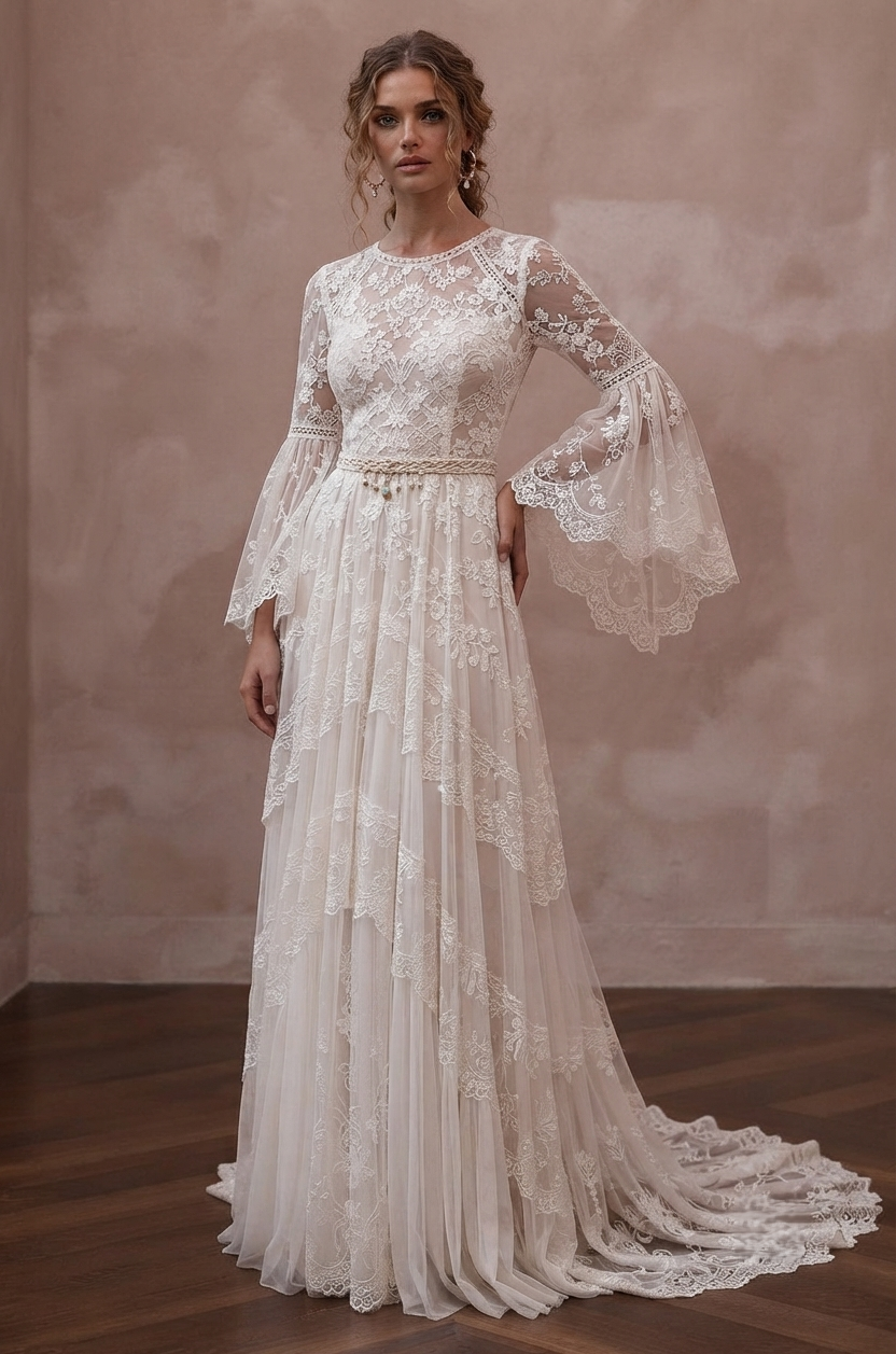 Bell Sleeve Wedding Dresses with Bohemian Inspiration