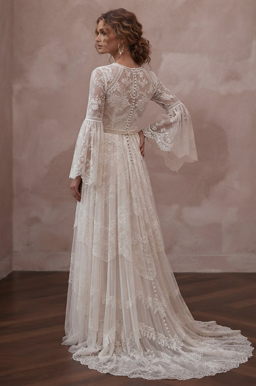 Bell Sleeve Wedding Dresses with Bohemian Inspiration - Apparel & Accessories > Clothing > Wedding & Bridal Party Dresses > Wedding Dresses - Mignonette