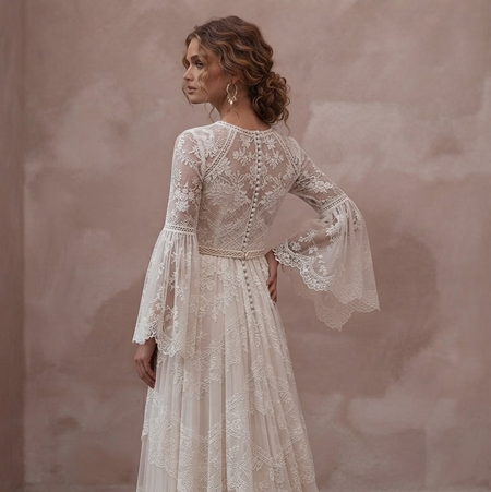 Bell Sleeve Wedding Dresses with Bohemian Inspiration - Apparel & Accessories > Clothing > Wedding & Bridal Party Dresses > Wedding Dresses - Mignonette