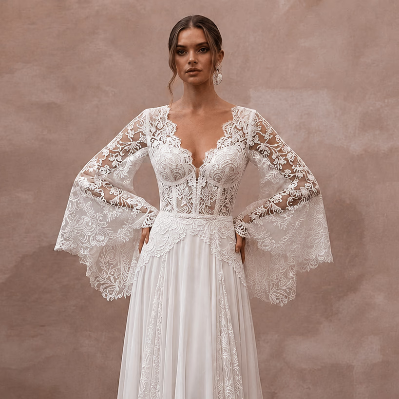 Bell Sleeve Wedding Dresses with Bohemian Romance - Apparel & Accessories > Clothing > Wedding & Bridal Party Dresses > Wedding Dresses - Mignonette Bridal
