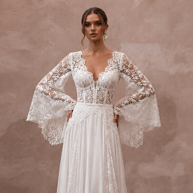 Bell Sleeve Wedding Dresses with Bohemian Romance
