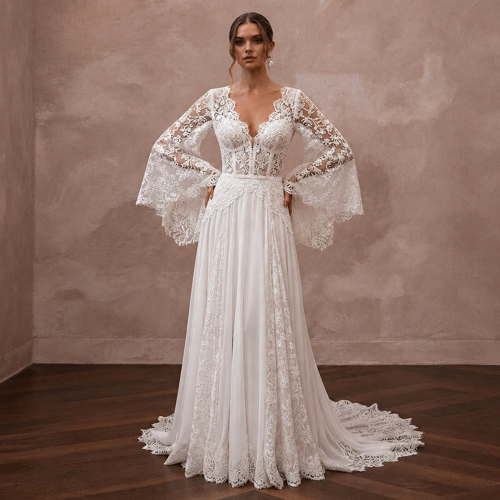 Bell Sleeve Wedding Dresses with Bohemian Romance - Apparel & Accessories > Clothing > Wedding & Bridal Party Dresses > Wedding Dresses - Mignonette Bridal