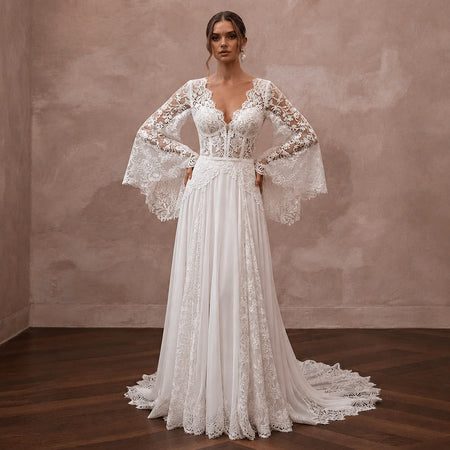 Bell Sleeve Wedding Dresses with Bohemian Romance - Apparel & Accessories > Clothing > Wedding & Bridal Party Dresses > Wedding Dresses - Mignonette Bridal