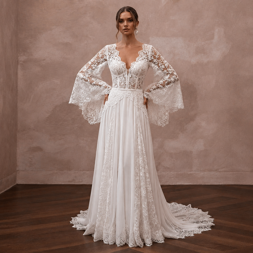 Bell Sleeve Wedding Dresses with Bohemian Romance