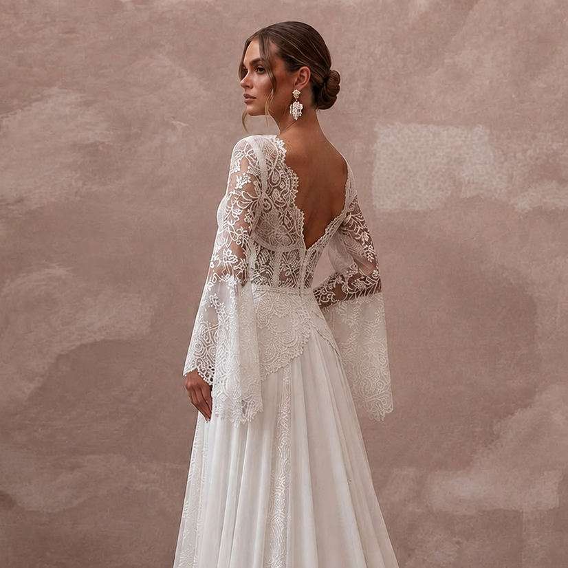 Bell Sleeve Wedding Dresses with Bohemian Romance - Apparel & Accessories > Clothing > Wedding & Bridal Party Dresses > Wedding Dresses - Mignonette Bridal