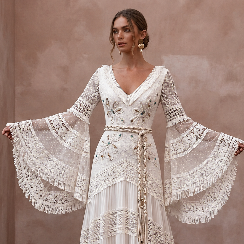 Bell Sleeve Wedding Dresses with Boho Chic Style