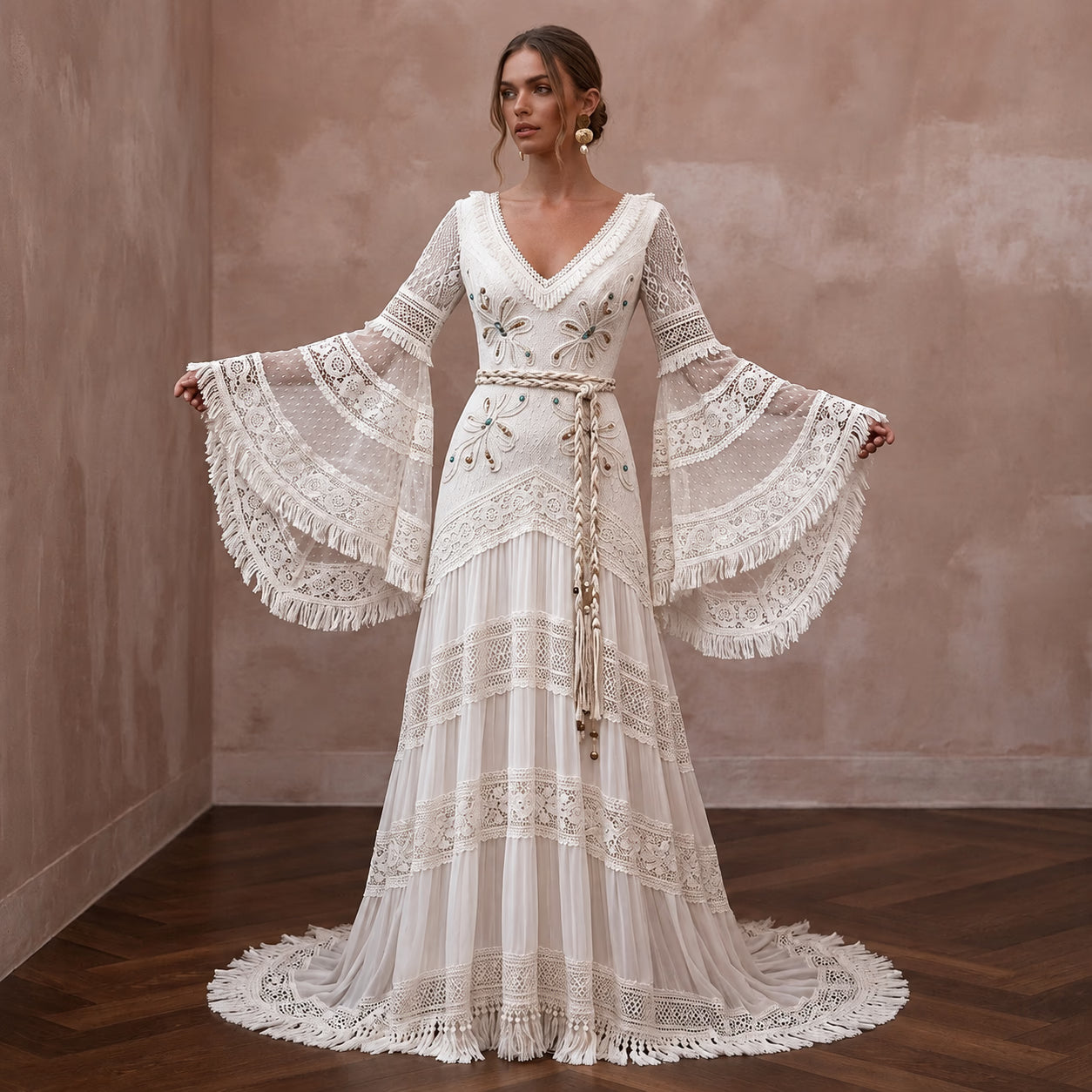 Bell Sleeve Wedding Dresses with Boho Chic Style - Apparel & Accessories > Clothing > Wedding & Bridal Party Dresses > Wedding Dresses - Mignonette Bridal