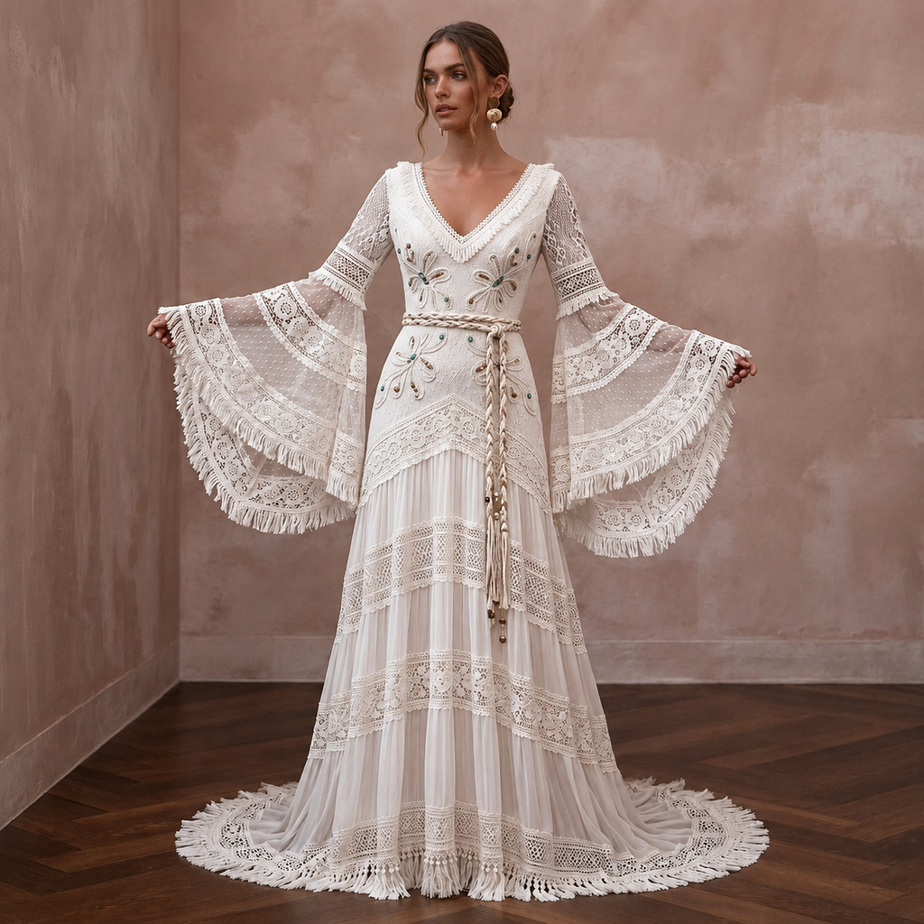 Bell Sleeve Wedding Dresses with Boho Chic Style