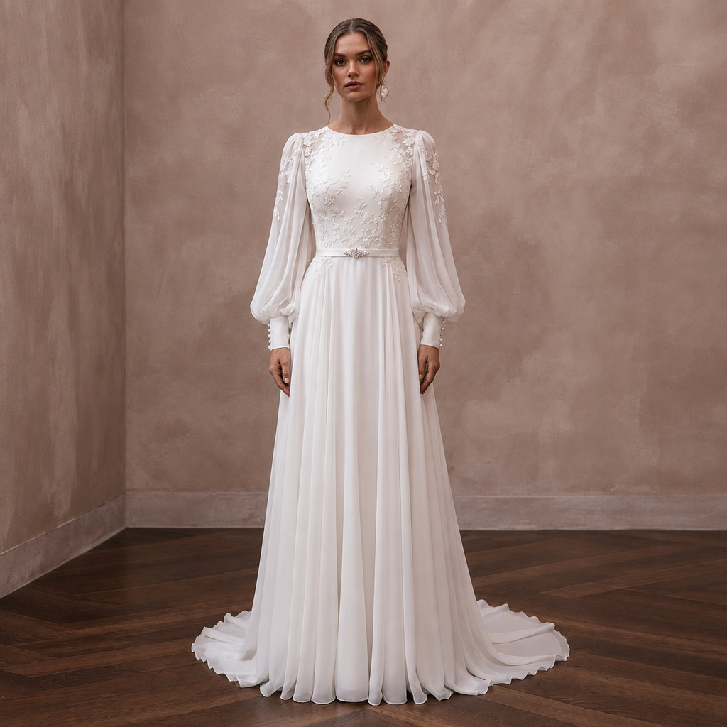 Bishop Sleeve Chiffon Bridal Dress for a Modest Wedding - Apparel & Accessories > Clothing > Wedding & Bridal Party Dresses > Wedding Dresses - Mignonette Bridal