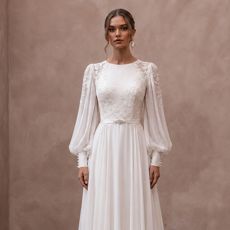 Bishop Sleeve Chiffon Bridal Dress for a Modest Wedding - Apparel & Accessories > Clothing > Wedding & Bridal Party Dresses > Wedding Dresses - Mignonette Bridal