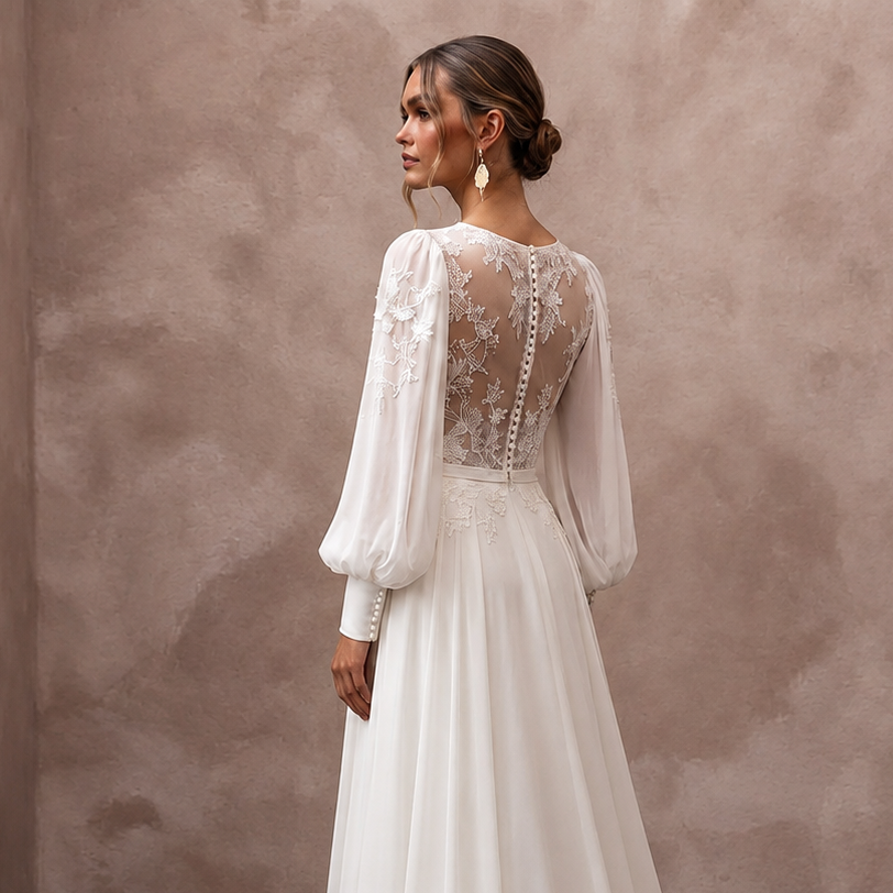 Bishop Sleeve Chiffon Bridal Dress for a Modest Wedding - Apparel & Accessories > Clothing > Wedding & Bridal Party Dresses > Wedding Dresses - Mignonette Bridal
