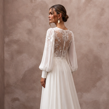 Bishop Sleeve Chiffon Bridal Dress for a Modest Wedding - Apparel & Accessories > Clothing > Wedding & Bridal Party Dresses > Wedding Dresses - Mignonette Bridal