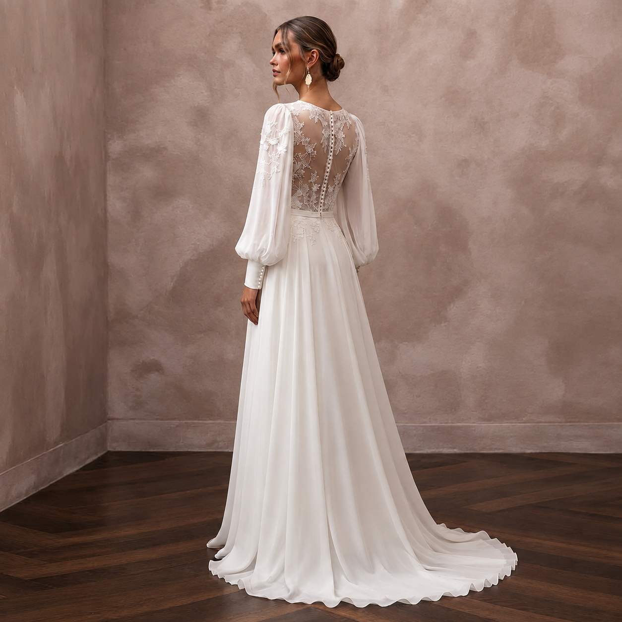 Bishop Sleeve Chiffon Bridal Dress for a Modest Wedding - Apparel & Accessories > Clothing > Wedding & Bridal Party Dresses > Wedding Dresses - Mignonette Bridal