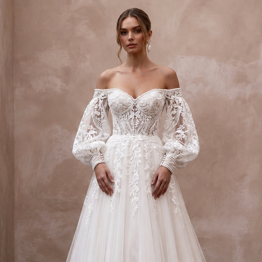 Bishop Sleeve Lace Wedding Dress with A - Line Silhouette - Apparel & Accessories > Clothing > Wedding & Bridal Party Dresses > Wedding Dresses - Mignonette Bridal