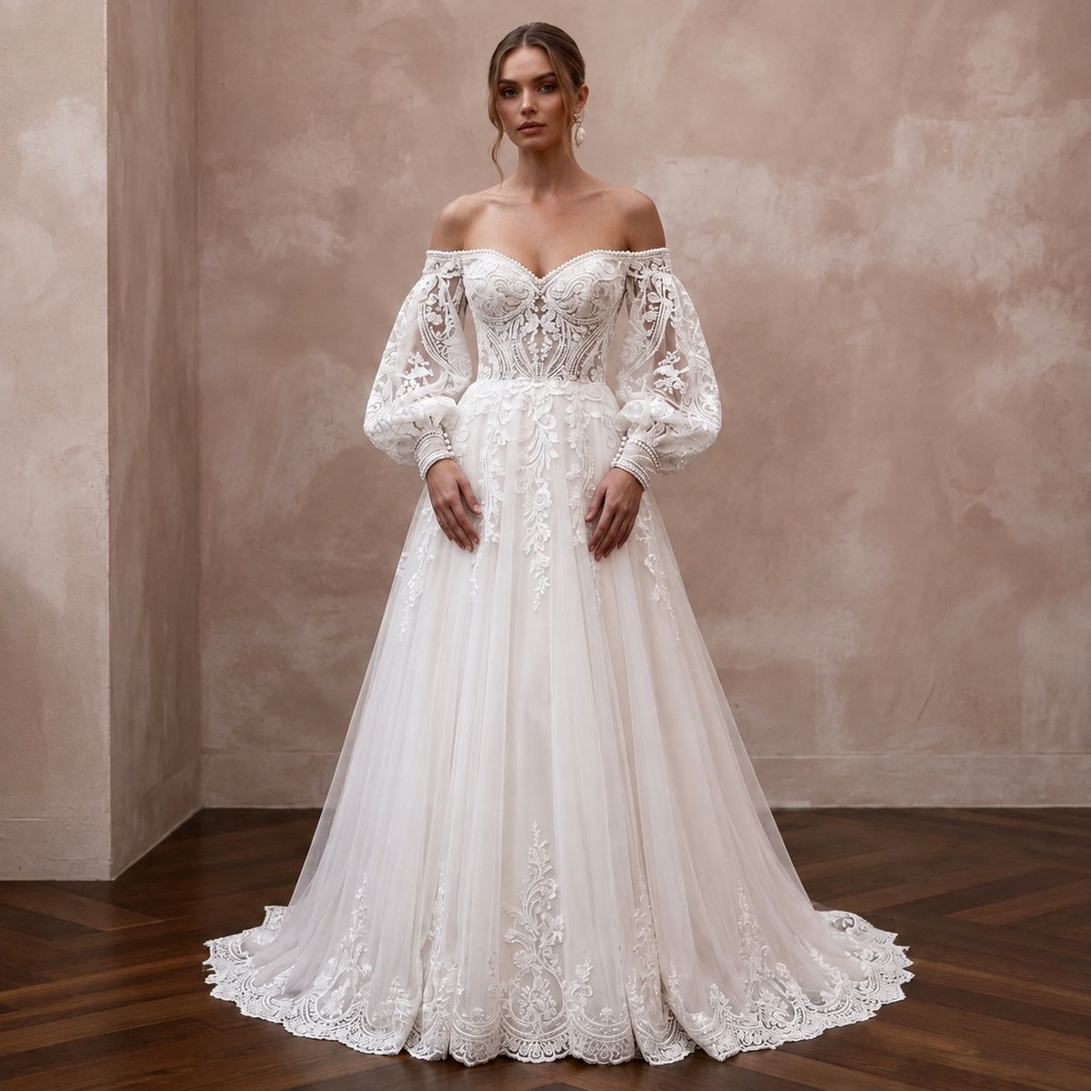 Bishop Sleeve Lace Wedding Dress with A - Line Silhouette - Apparel & Accessories > Clothing > Wedding & Bridal Party Dresses > Wedding Dresses - Mignonette Bridal