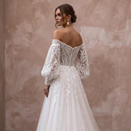 Bishop Sleeve Lace Wedding Dress with A - Line Silhouette - Apparel & Accessories > Clothing > Wedding & Bridal Party Dresses > Wedding Dresses - Mignonette Bridal