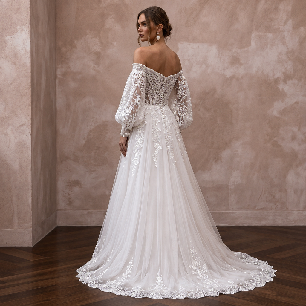 Bishop Sleeve Lace Wedding Dress with A - Line Silhouette - Apparel & Accessories > Clothing > Wedding & Bridal Party Dresses > Wedding Dresses - Mignonette Bridal
