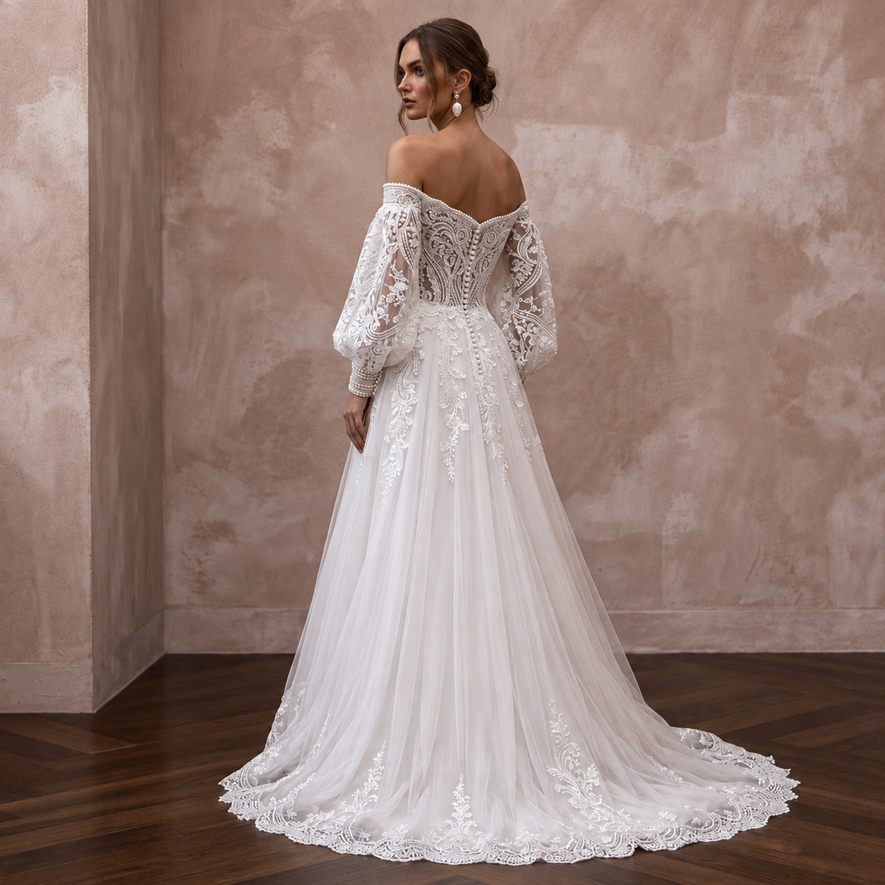 Bishop Sleeve Lace Wedding Dress with A - Line Silhouette - Apparel & Accessories > Clothing > Wedding & Bridal Party Dresses > Wedding Dresses - Mignonette Bridal