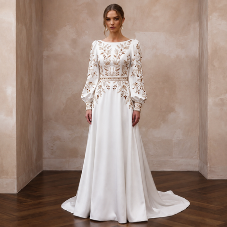 Bishop Sleeve Satin Bridal Dress for an Autumn Wedding - Apparel & Accessories > Clothing > Wedding & Bridal Party Dresses > Wedding Dresses - Mignonette Bridal
