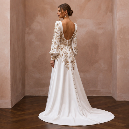 Bishop Sleeve Satin Bridal Dress for an Autumn Wedding - Apparel & Accessories > Clothing > Wedding & Bridal Party Dresses > Wedding Dresses - Mignonette Bridal