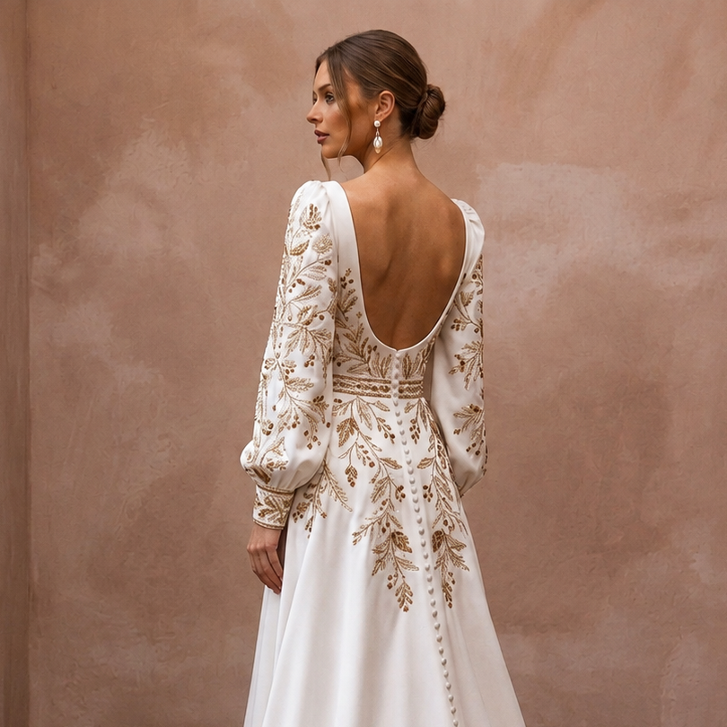 Bishop Sleeve Satin Bridal Dress for an Autumn Wedding - Apparel & Accessories > Clothing > Wedding & Bridal Party Dresses > Wedding Dresses - Mignonette Bridal