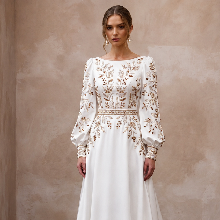 Bishop Sleeve Satin Bridal Dress for an Autumn Wedding - Apparel & Accessories > Clothing > Wedding & Bridal Party Dresses > Wedding Dresses - Mignonette Bridal