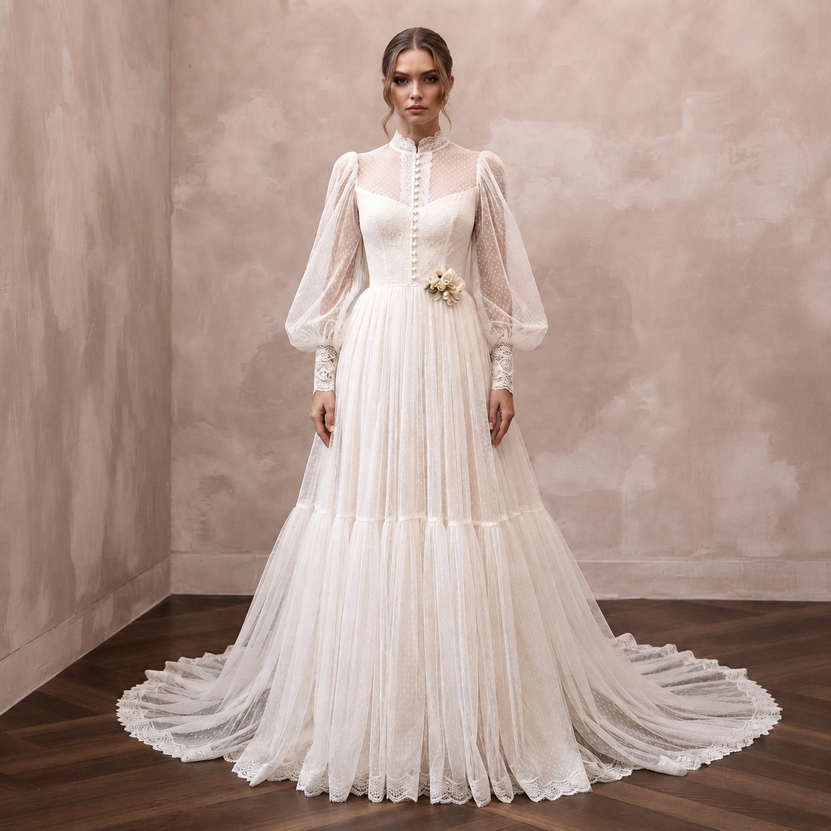 Bishop Sleeve Tulle Wedding Dress for a Vintage Wedding - Apparel & Accessories > Clothing > Wedding & Bridal Party Dresses > Wedding Dresses - Mignonette Bridal Main image
