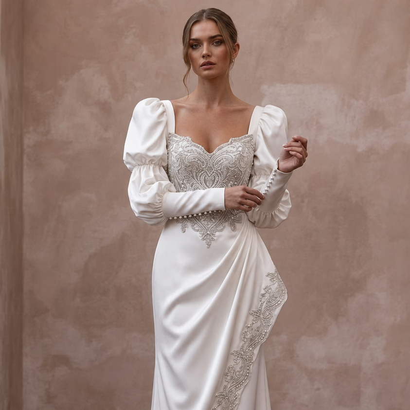 Bishop Sleeve Wedding Dresses with Vintage Elegance - Apparel & Accessories > Clothing > Wedding & Bridal Party Dresses > Wedding Dresses - Mignonette