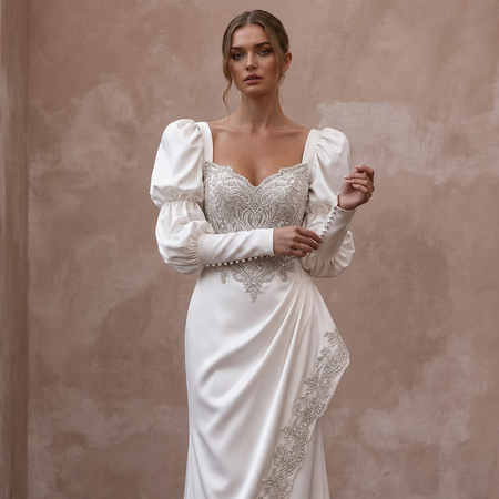 Bishop Sleeve Wedding Dresses with Vintage Elegance - Apparel & Accessories > Clothing > Wedding & Bridal Party Dresses > Wedding Dresses - Mignonette