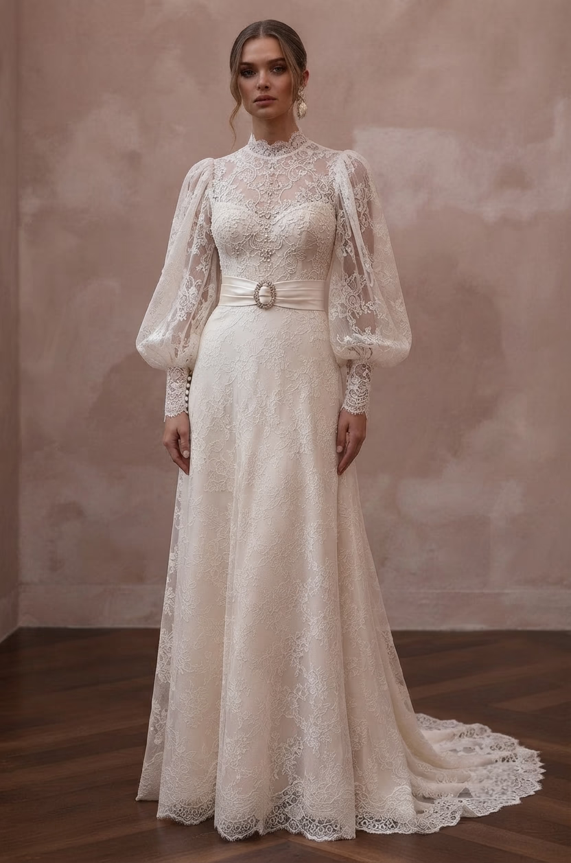 Bishop Sleeve Wedding Dresses with Vintage Elegance - Apparel & Accessories > Clothing > Wedding & Bridal Party Dresses > Wedding Dresses - Mignonette
