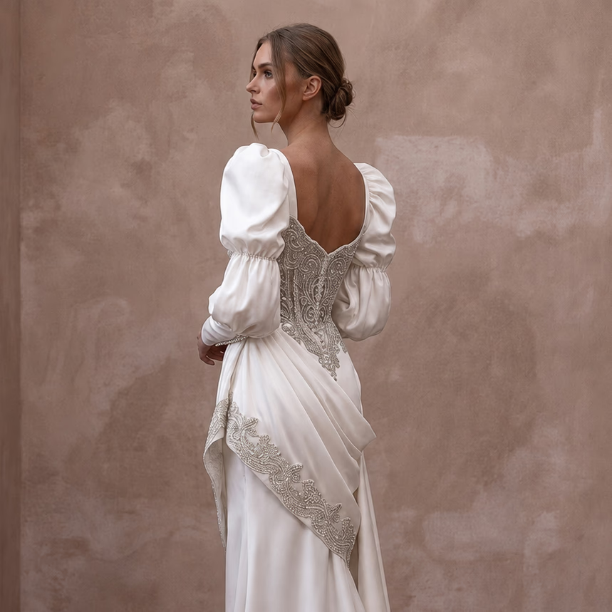 Bishop Sleeve Wedding Dresses with Vintage Elegance - Apparel & Accessories > Clothing > Wedding & Bridal Party Dresses > Wedding Dresses - Mignonette