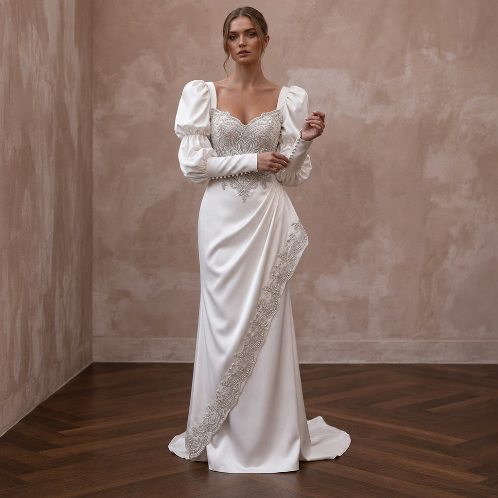 Bishop Sleeve Wedding Dresses with Vintage Elegance - Apparel & Accessories > Clothing > Wedding & Bridal Party Dresses > Wedding Dresses - Mignonette