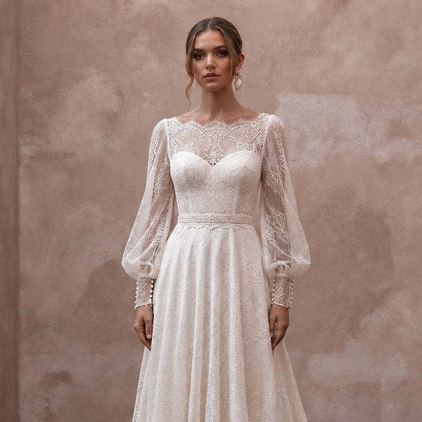 Bishop Sleeve Wedding Dresses with Vintage Lace Accents - Apparel & Accessories > Clothing > Wedding & Bridal Party Dresses > Wedding Dresses - Mignonette Bridal
