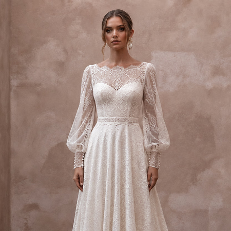 Bishop Sleeve Wedding Dresses with Vintage Lace Accents - Apparel & Accessories > Clothing > Wedding & Bridal Party Dresses > Wedding Dresses - Mignonette Bridal