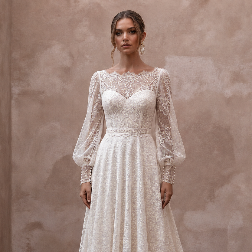 Bishop Sleeve Wedding Dresses with Vintage Lace Accents