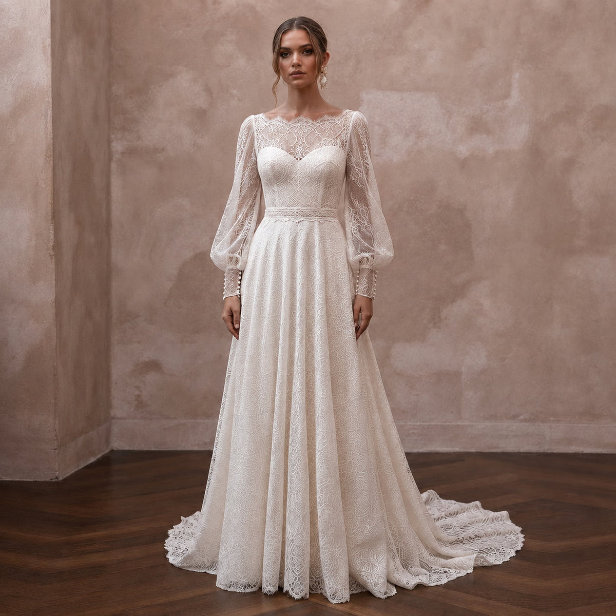 Bishop Sleeve Wedding Dresses with Vintage Lace Accents - Apparel & Accessories > Clothing > Wedding & Bridal Party Dresses > Wedding Dresses - Mignonette Bridal Main image