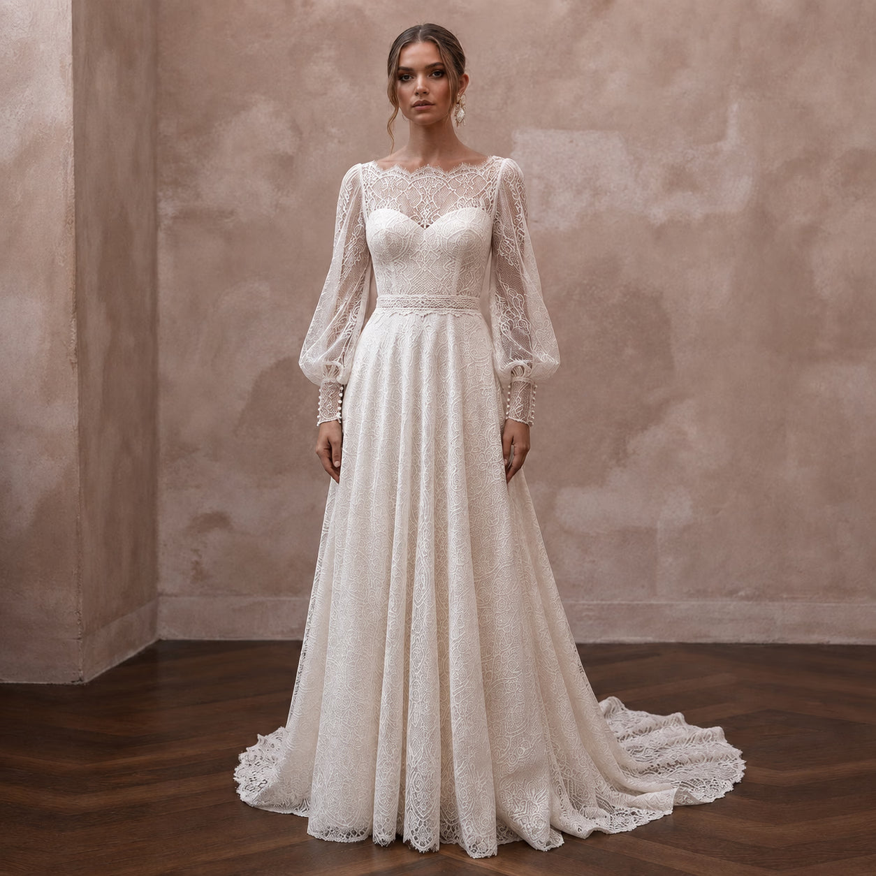 Bishop Sleeve Wedding Dresses with Vintage Lace Accents - Apparel & Accessories > Clothing > Wedding & Bridal Party Dresses > Wedding Dresses - Mignonette Bridal
