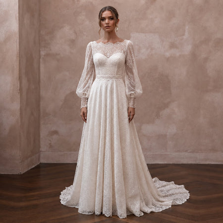 Bishop Sleeve Wedding Dresses with Vintage Lace Accents - Apparel & Accessories > Clothing > Wedding & Bridal Party Dresses > Wedding Dresses - Mignonette Bridal
