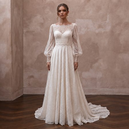 Bishop Sleeve Wedding Dresses with Vintage Lace Accents