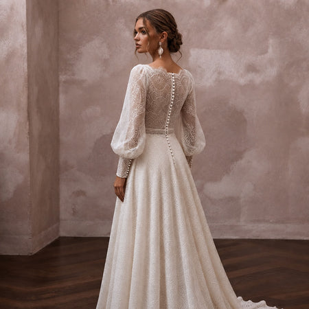 Bishop Sleeve Wedding Dresses with Vintage Lace Accents - Apparel & Accessories > Clothing > Wedding & Bridal Party Dresses > Wedding Dresses - Mignonette Bridal