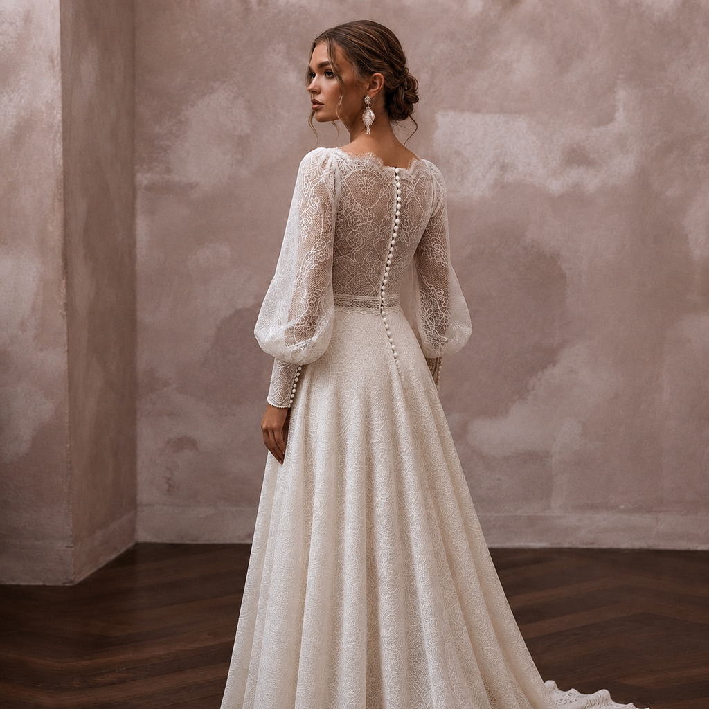 Bishop Sleeve Wedding Dresses with Vintage Lace Accents