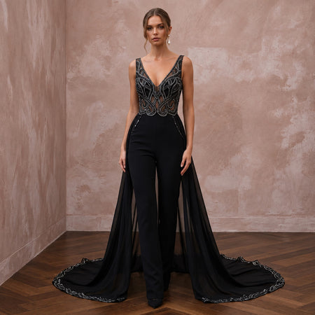 Black Crepe Jumpsuit with Sequin Bodice for Alternative Evening Wear