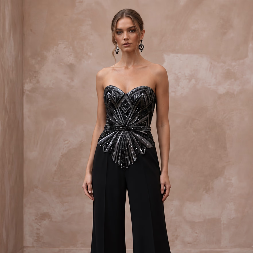 Black Crepe Jumpsuit with Sequin Bodice for Alternative Evening Wear