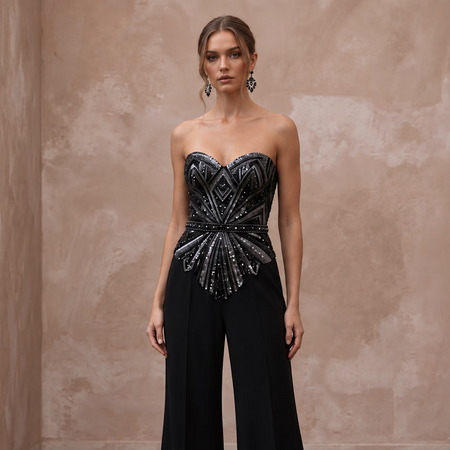 Black Crepe Jumpsuit with Sequin Bodice for Alternative Evening Wear