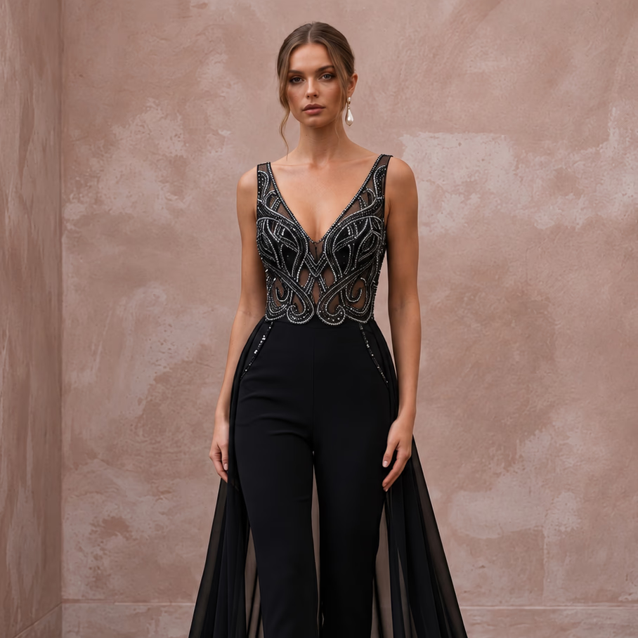 Black Crepe Jumpsuit with Sequin Bodice for Alternative Evening Wear